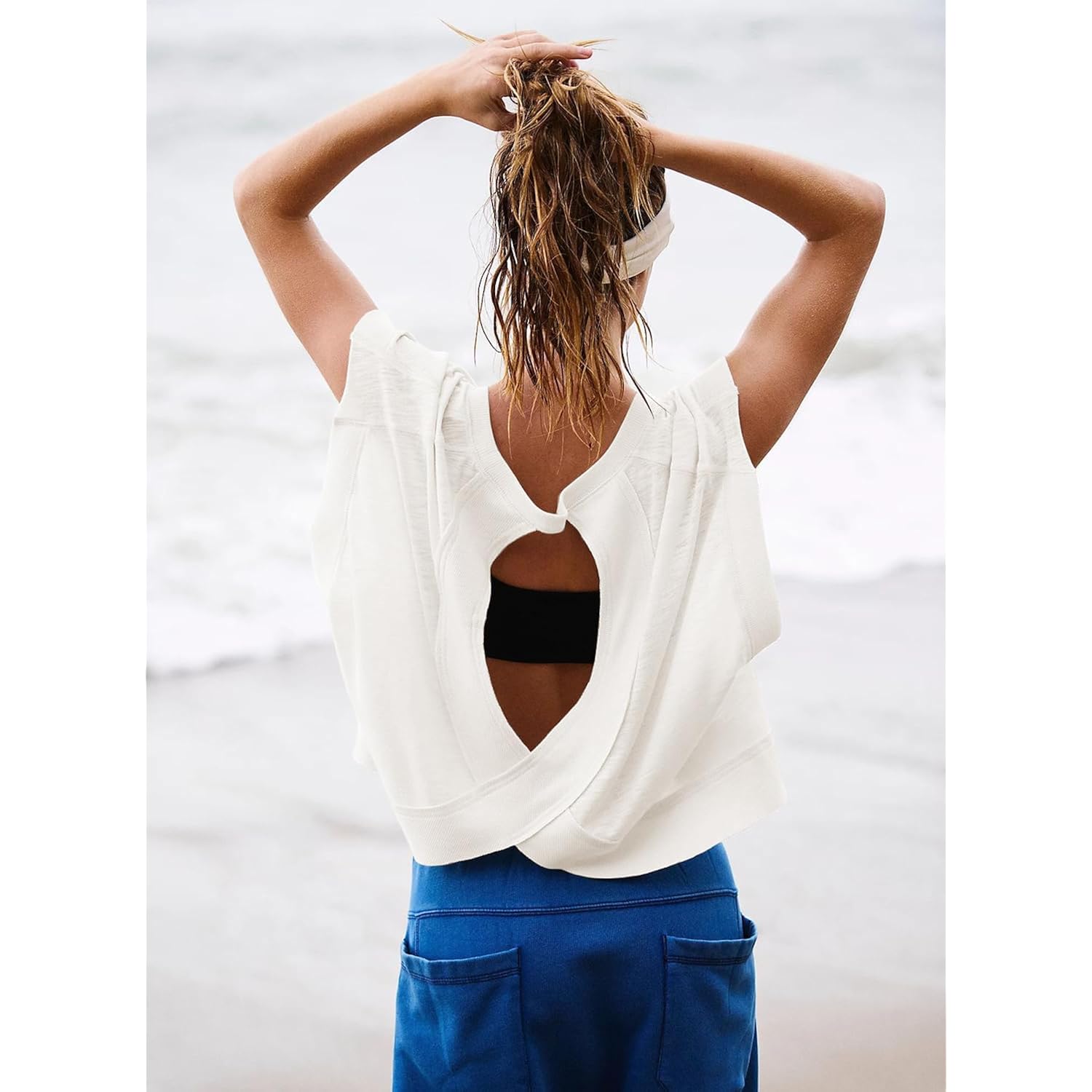 Dam kortärmad Workout skjorta Open Back topp Casual - Image 4