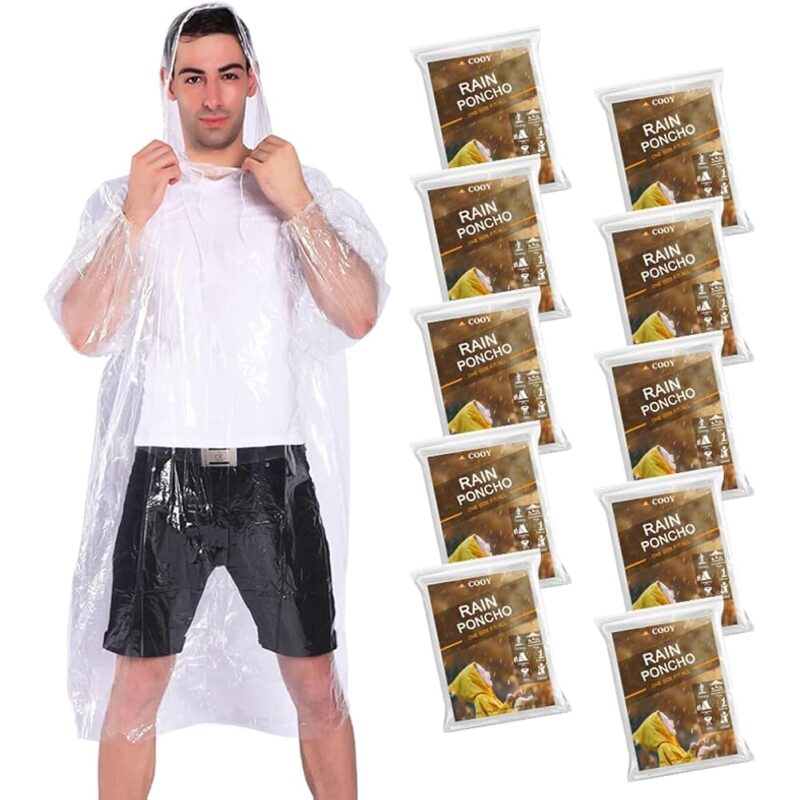Rain Ponchos,with Drawstring Hood (10 Pack) Emergency Disposable
