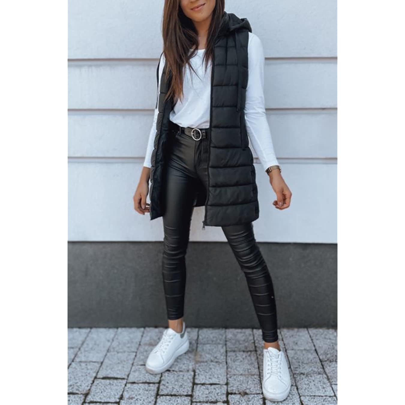 Veatzaer Dam Long väst Solid Color Sleeveless Hood - Image 4