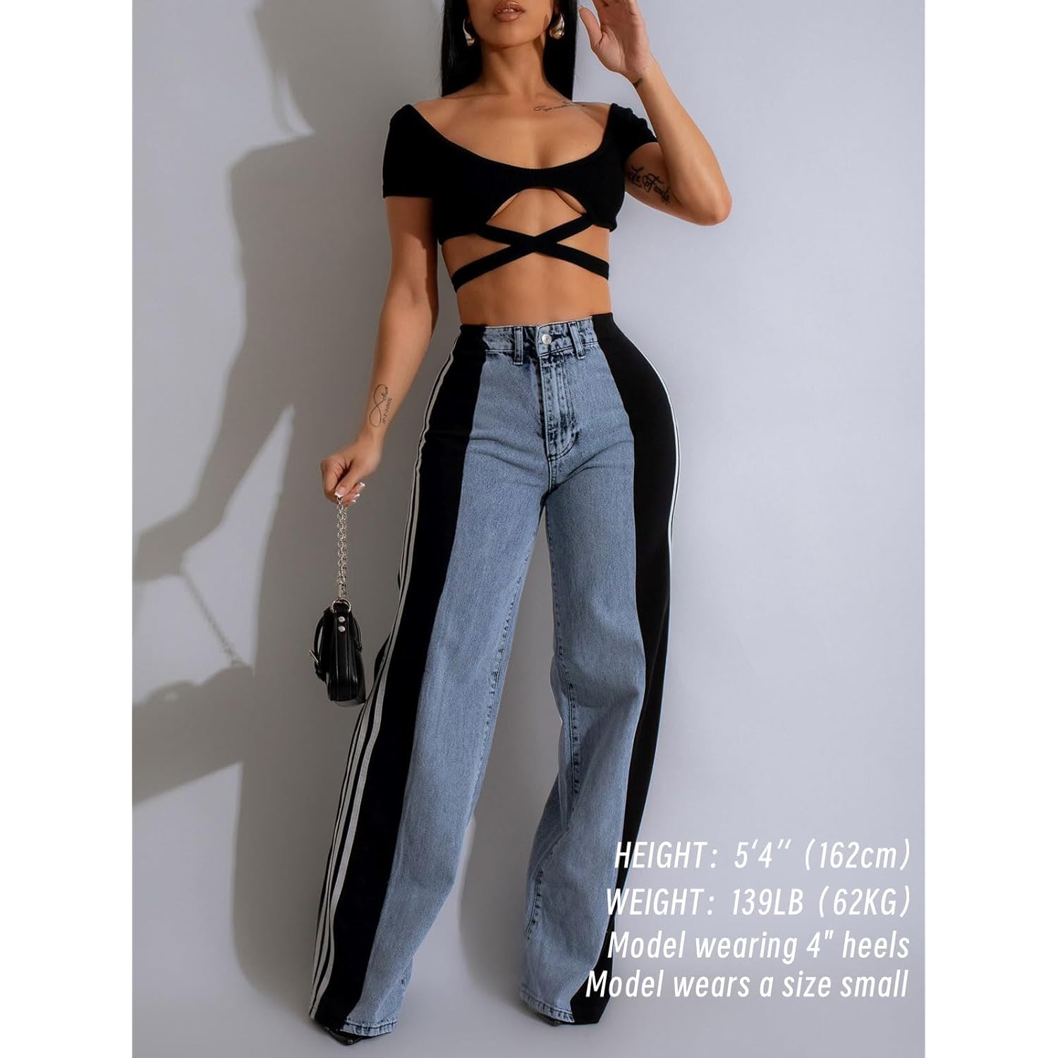 Angsuttc Dam jeans with Patchwork Stripes High Waisted - Image 2