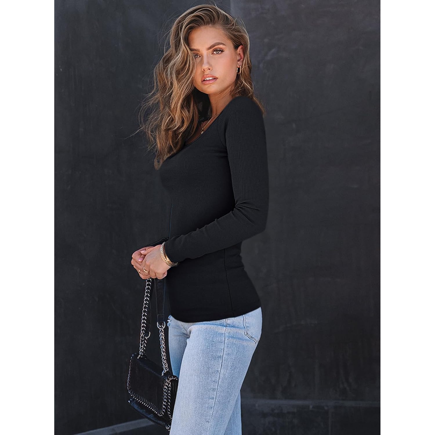 AUTOMET Dam långärmad skjorta Square Neck topp ribb - Image 3