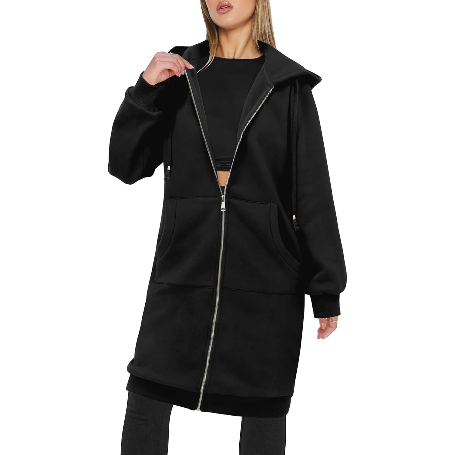 Zeagoo Dam dragkedja hoodie oversized fleece Long Tunic - Image 3