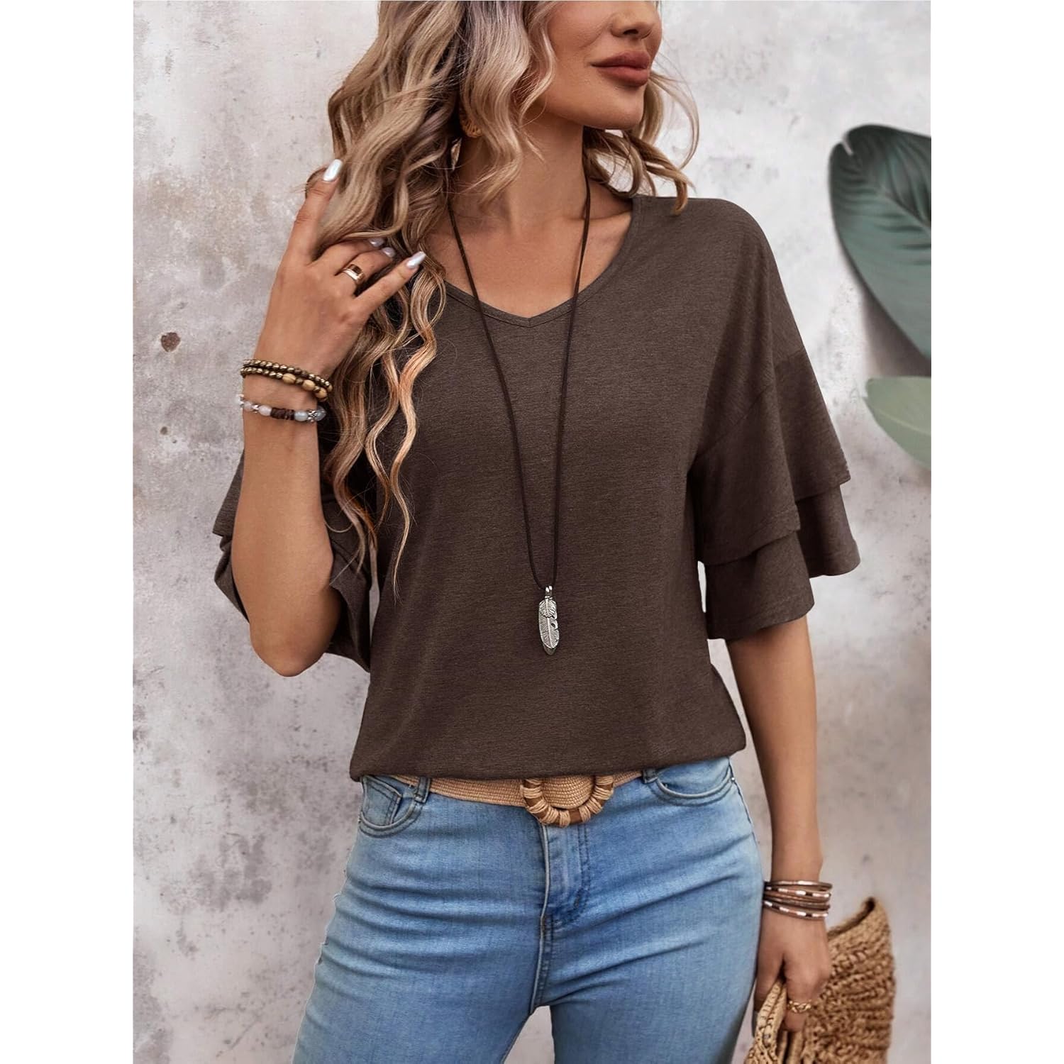 Dam blus Ruffle Sleeve topp v‑ringning skjorta Casual - Image 4