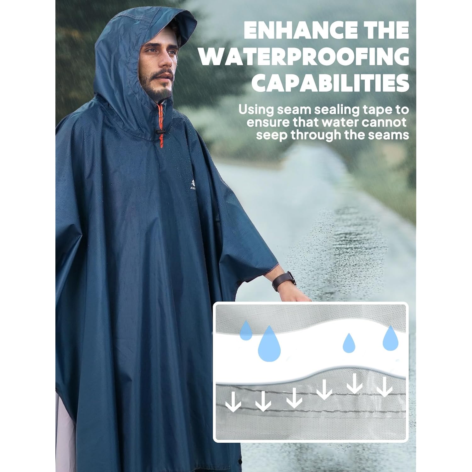 ANYOO Hooded Rain Poncho for Adults Waterproof lättvikts - Image 5