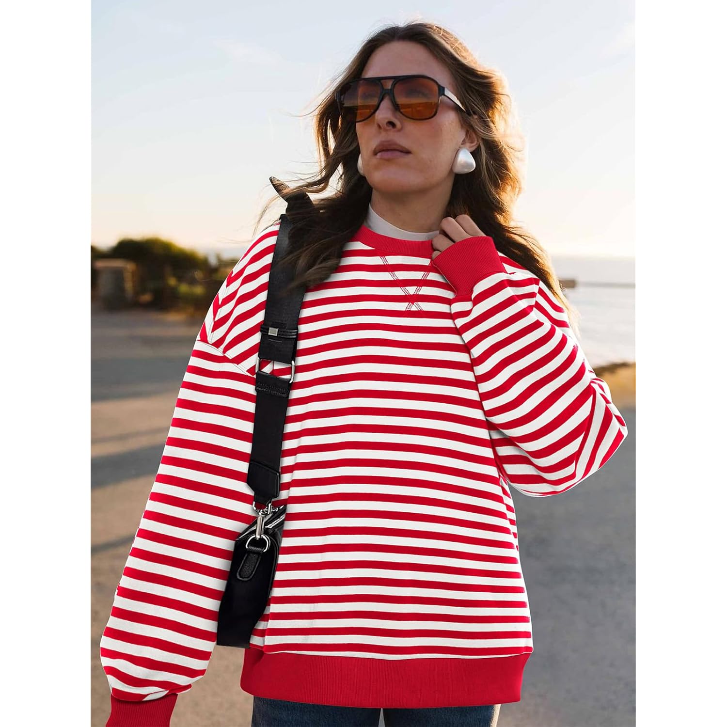 PRETTYGARDEN Dam Striped oversized sweatshirt Color Block Crew - Image 6
