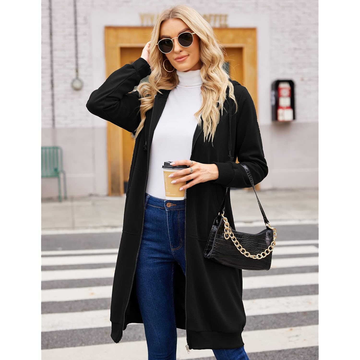 ELESOL Dam Casual dragkedja fleece hoodie Tunic sweatshirt - Image 4