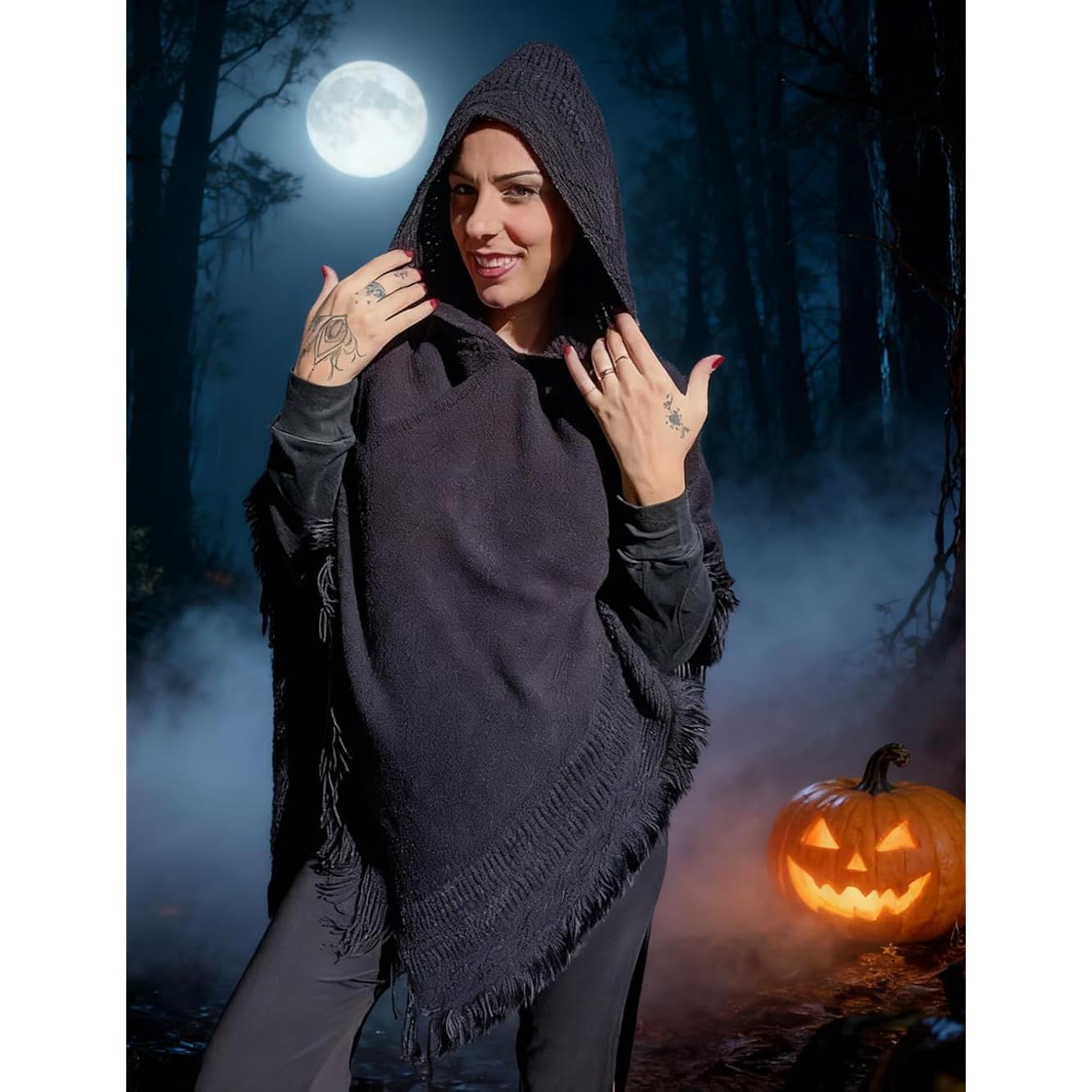 Ferand Ladies' huva Cape with Fringed Hem, Crochet - Image 6