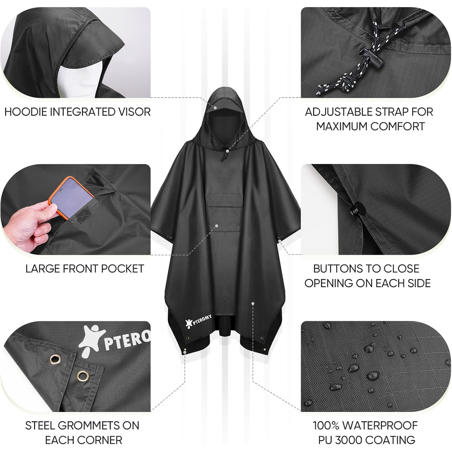 PTEROMY Hooded Rain Poncho for Adult with Pocket, - Image 6