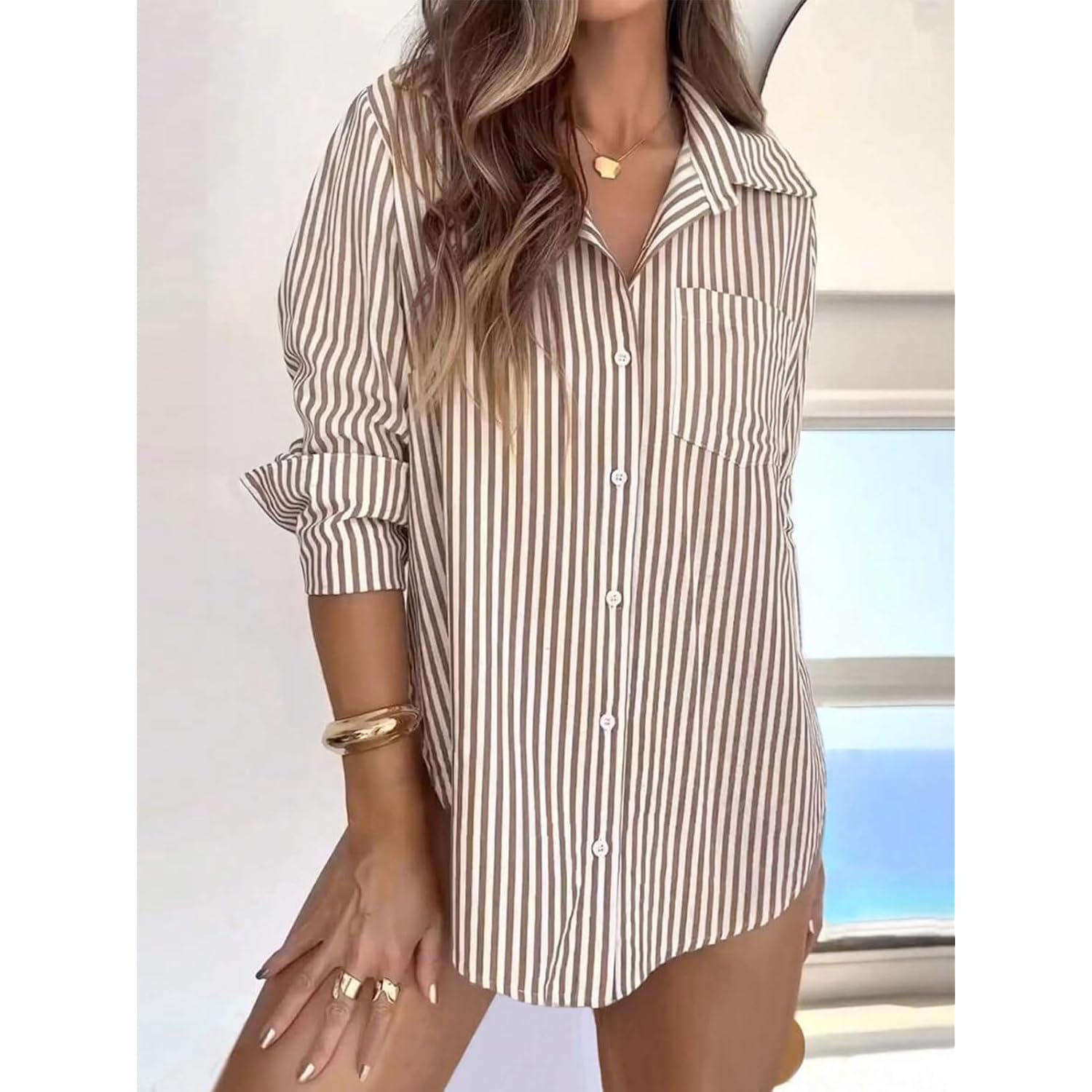 Siliteelon Striped knäppning skjorta for Dam Dress skjorta - Image 2