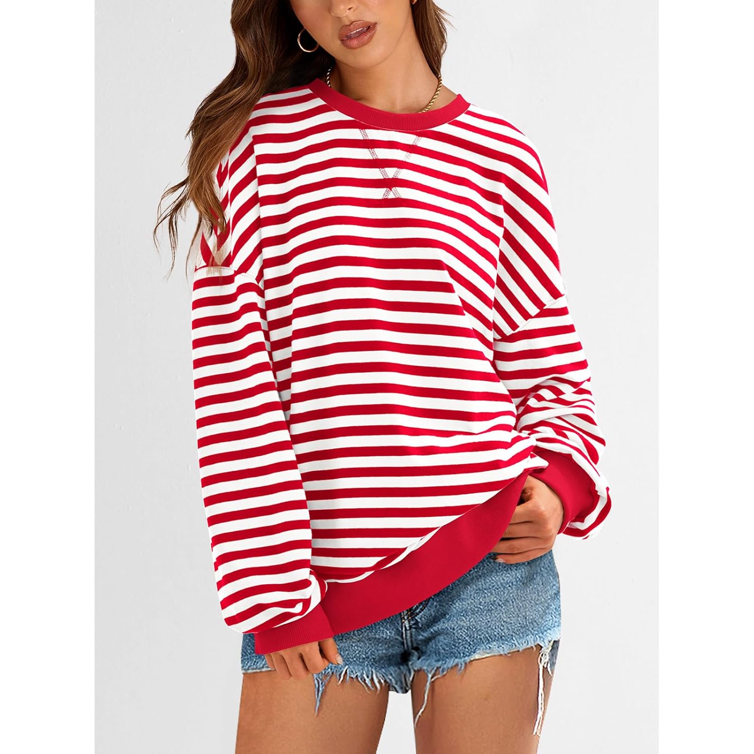 PRETTYGARDEN Dam Striped oversized sweatshirt Color Block Crew - Image 4