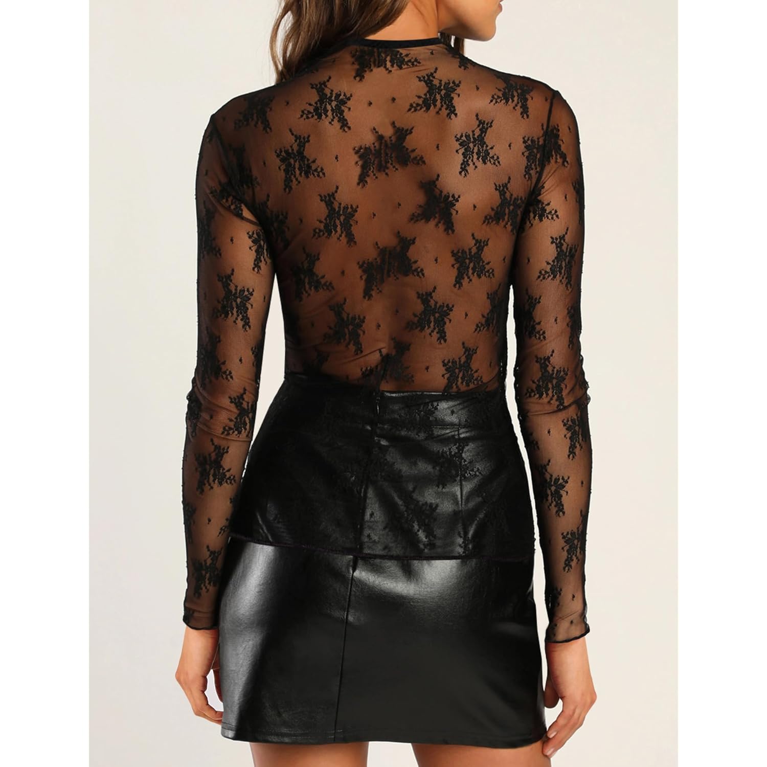 AKEWEI Dam Mesh långärmad topp rund hals Sexy - Image 2