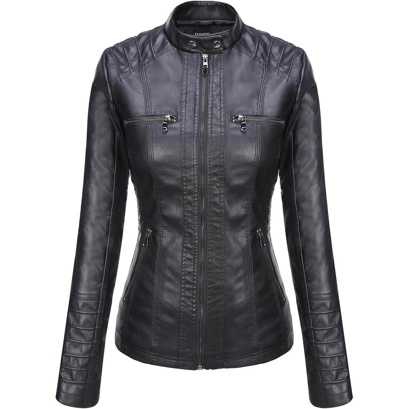 Tanming Dam Faux läder jacka Hooded Moto Biker - Image 3