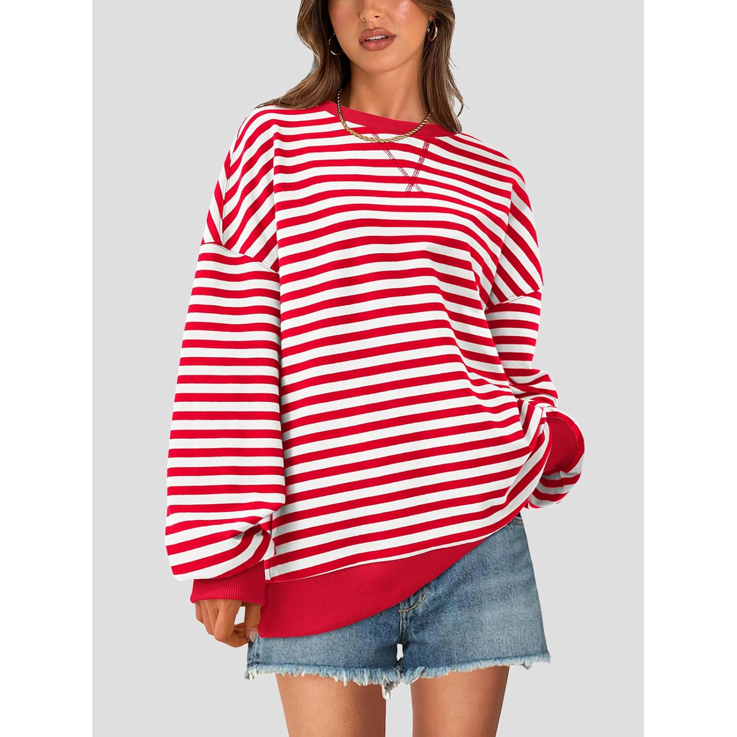 PRETTYGARDEN Dam Striped oversized sweatshirt Color Block Crew - Image 3