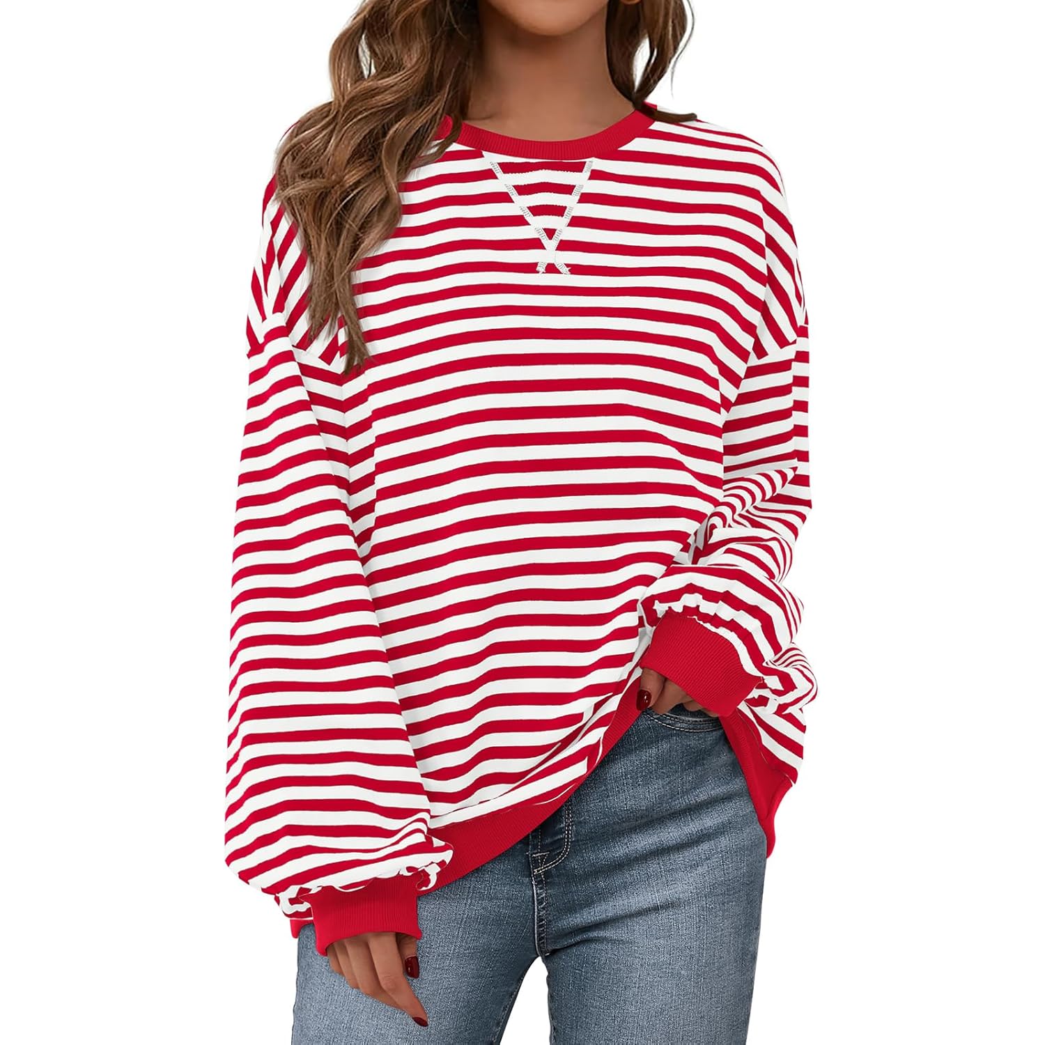 PRETTYGARDEN Dam Striped oversized sweatshirt Color Block Crew