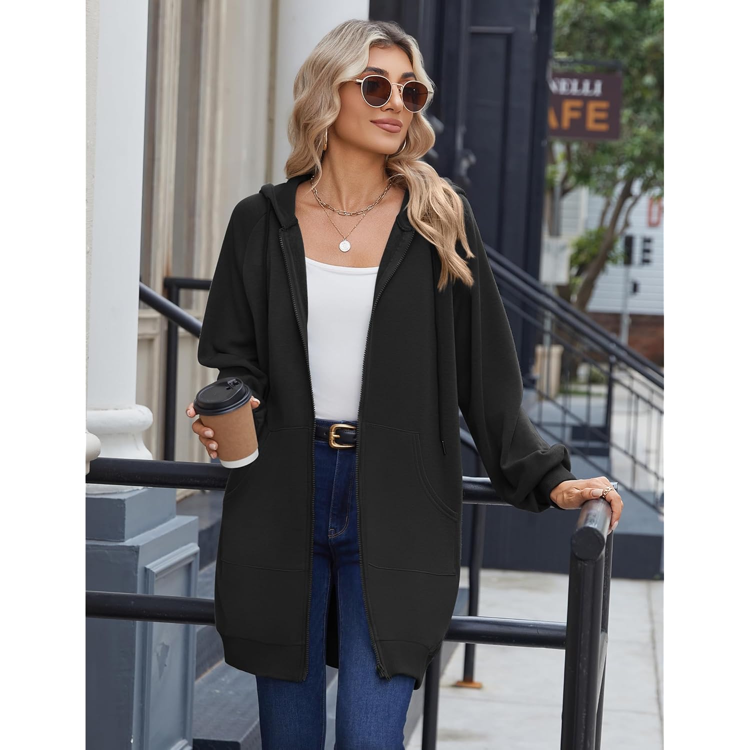 Zeagoo Dam dragkedja hoodie Long Sleeve Long Tunic - Image 6