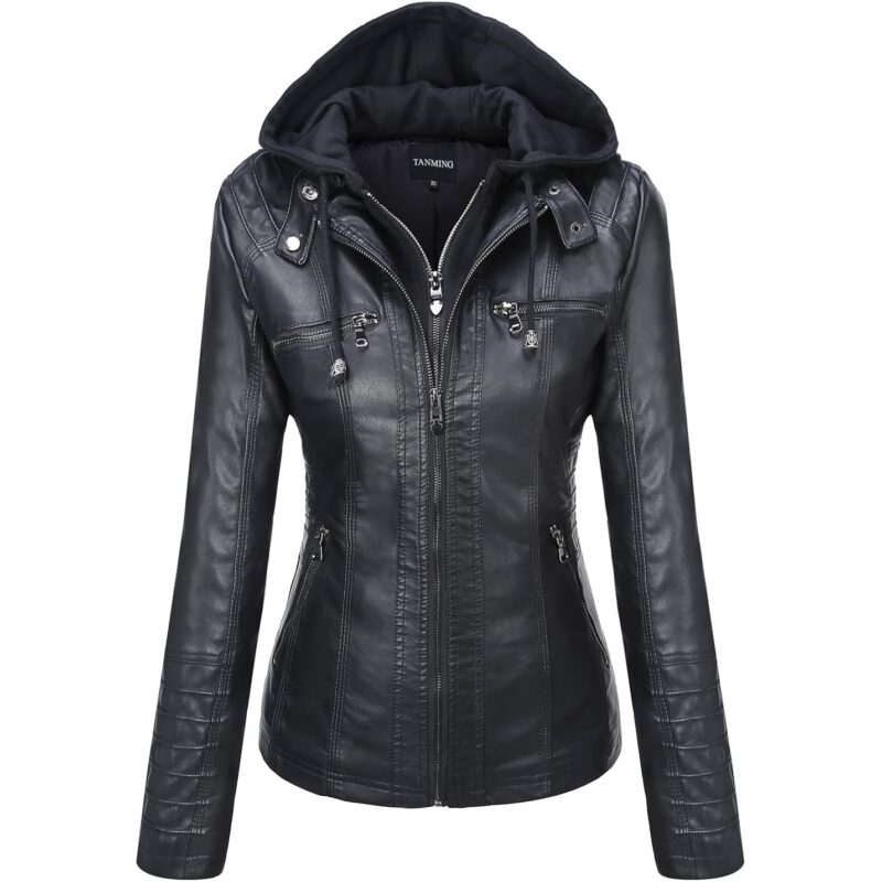 Tanming Dam Faux läder jacka Hooded Moto Biker