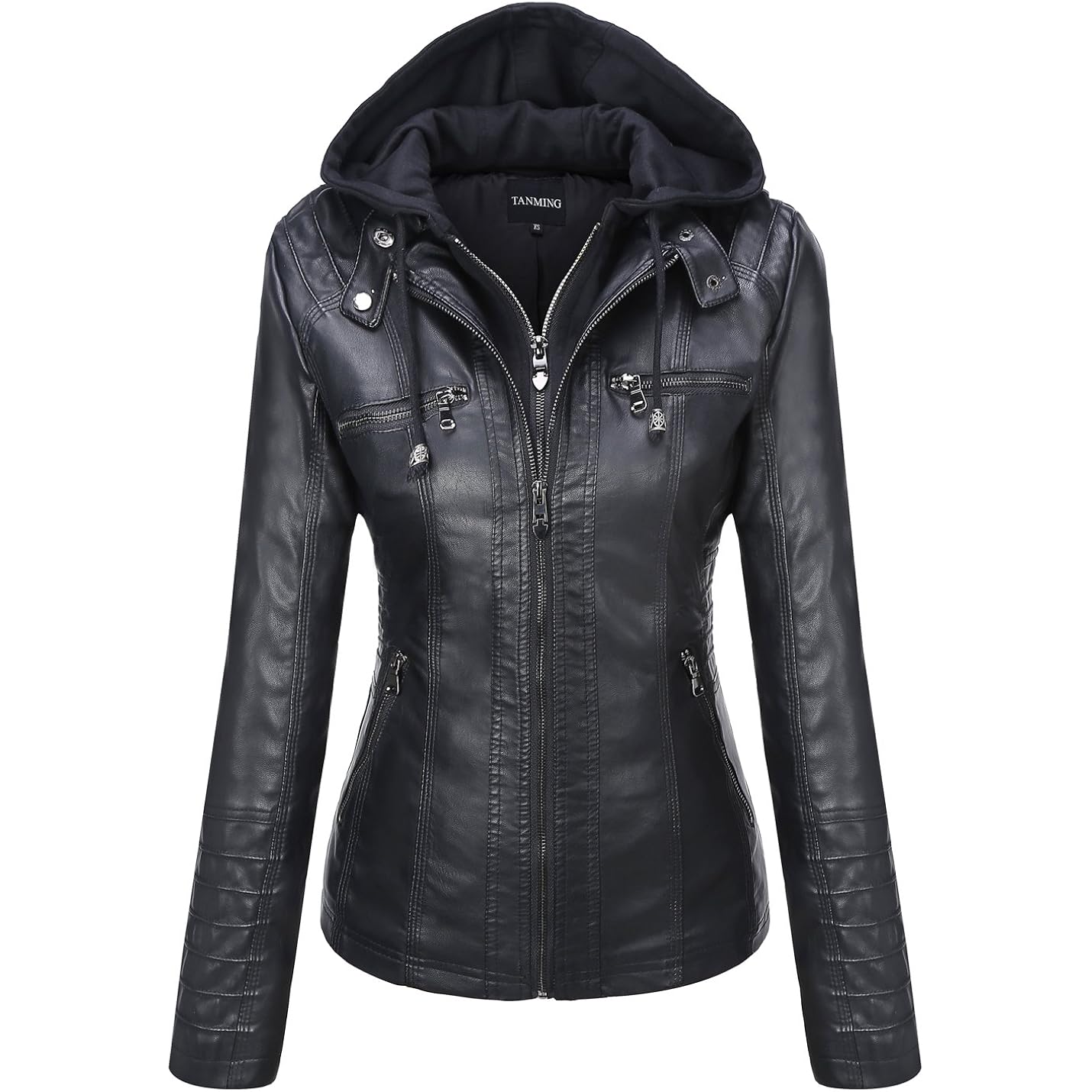 Tanming Dam Faux läder jacka Hooded Moto Biker
