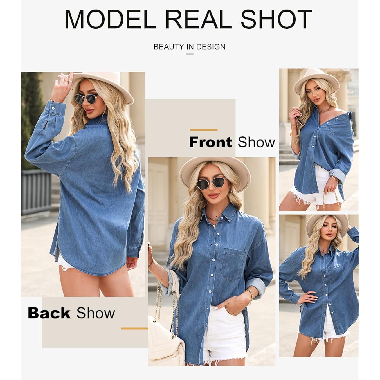 Astylish Dam Denim skjorta knäppning blus v‑ringning Casual - Image 4