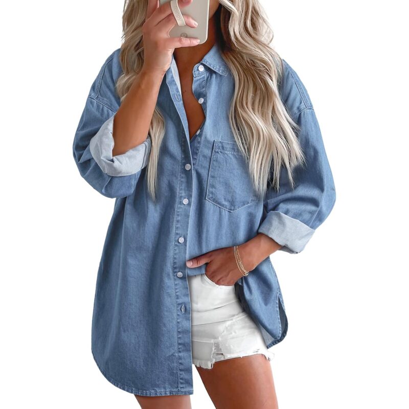 Astylish Dam Denim skjorta knäppning blus v‑ringning Casual