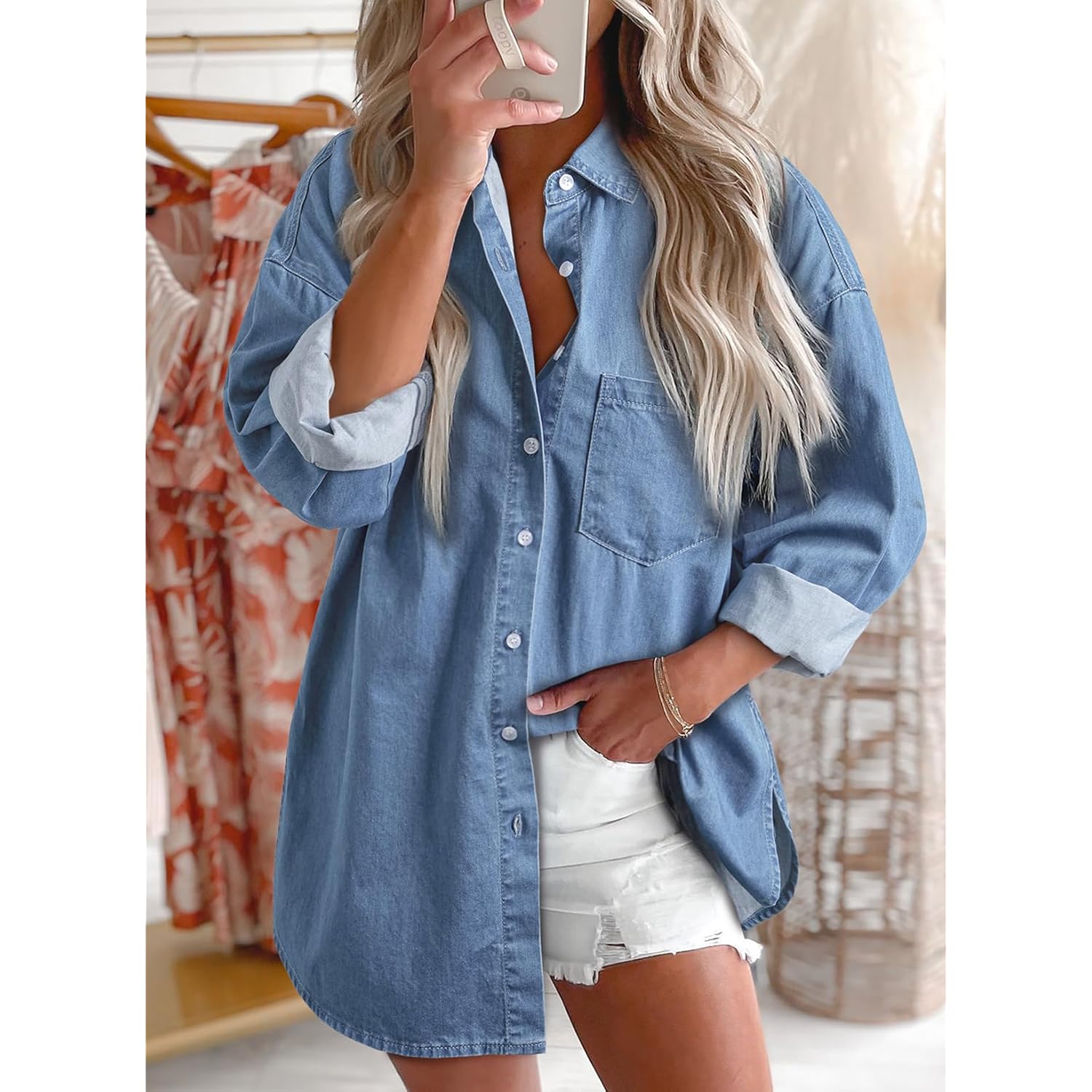 Astylish Dam Denim skjorta knäppning blus v‑ringning Casual - Image 2