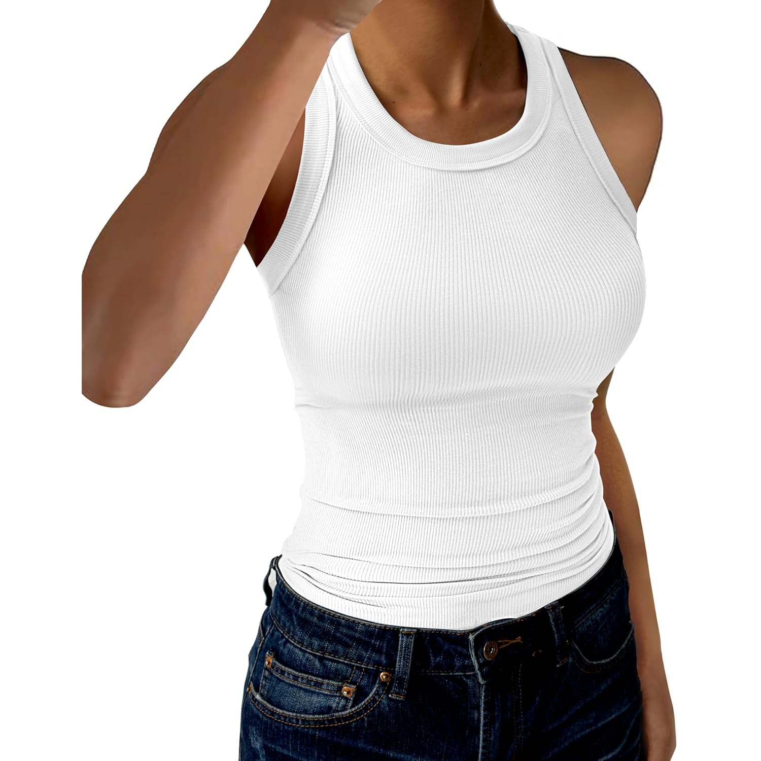 Dam linne topp High Neck ärmlös ribb linne