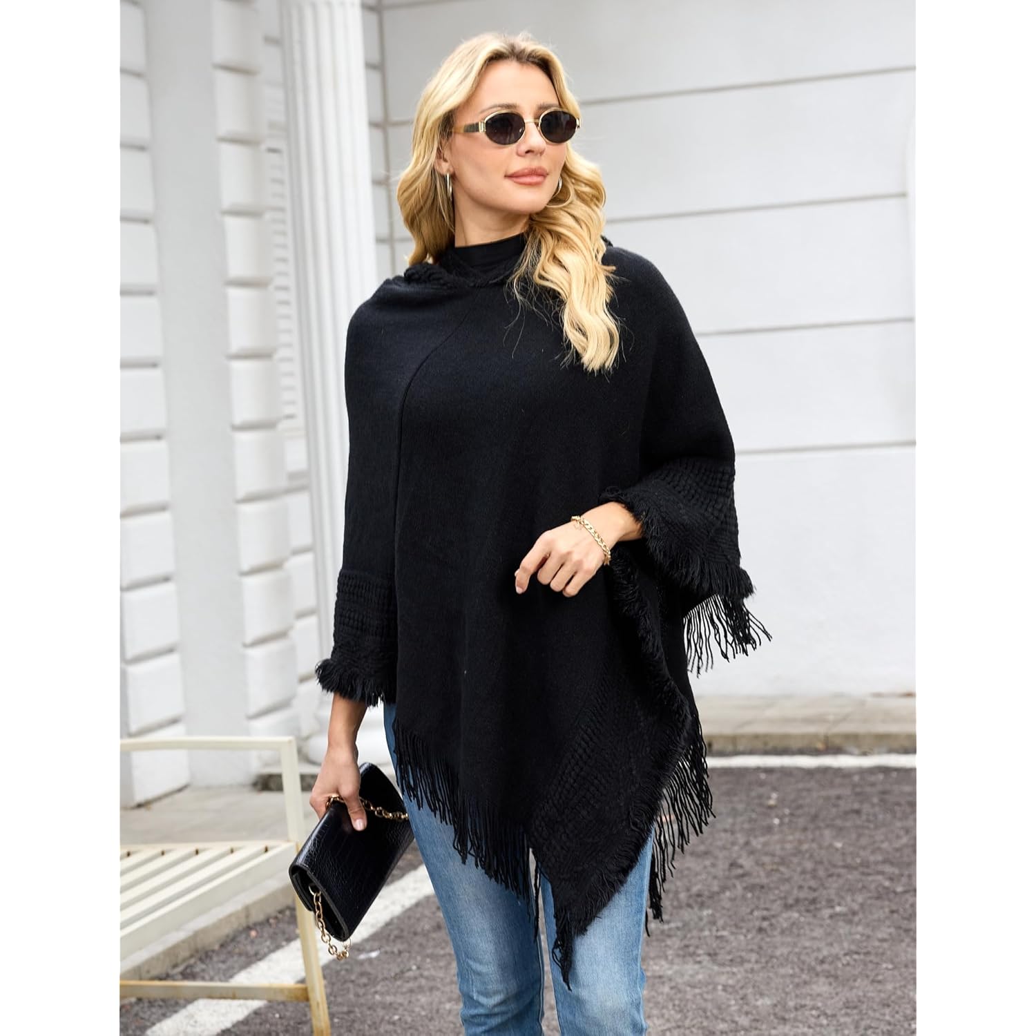 Ferand Ladies' huva Cape with Fringed Hem, Crochet - Image 2