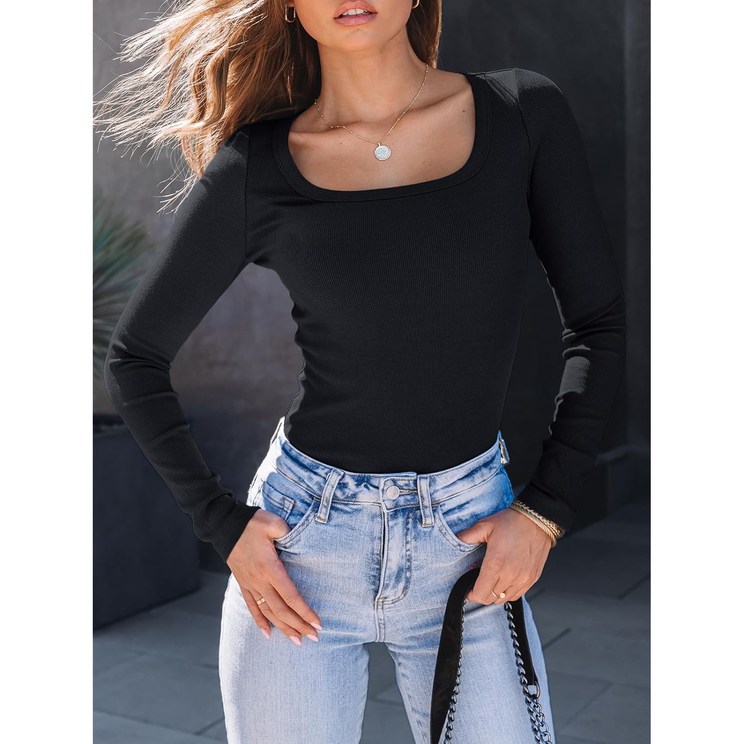 AUTOMET Dam långärmad skjorta Square Neck topp ribb - Image 2