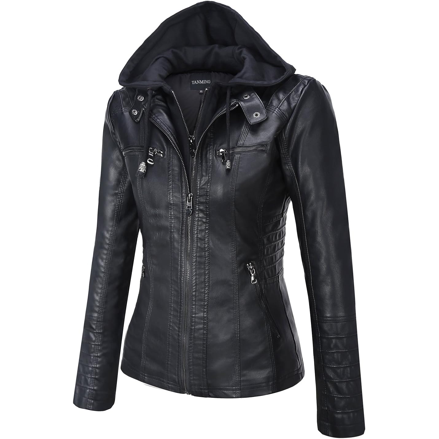 Tanming Dam Faux läder jacka Hooded Moto Biker - Image 4