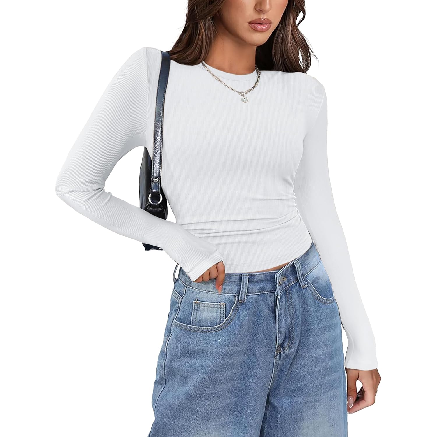 Zeagoo Dam långärmad Stretch Crewneck ribb t‑skjorta slim - Image 3