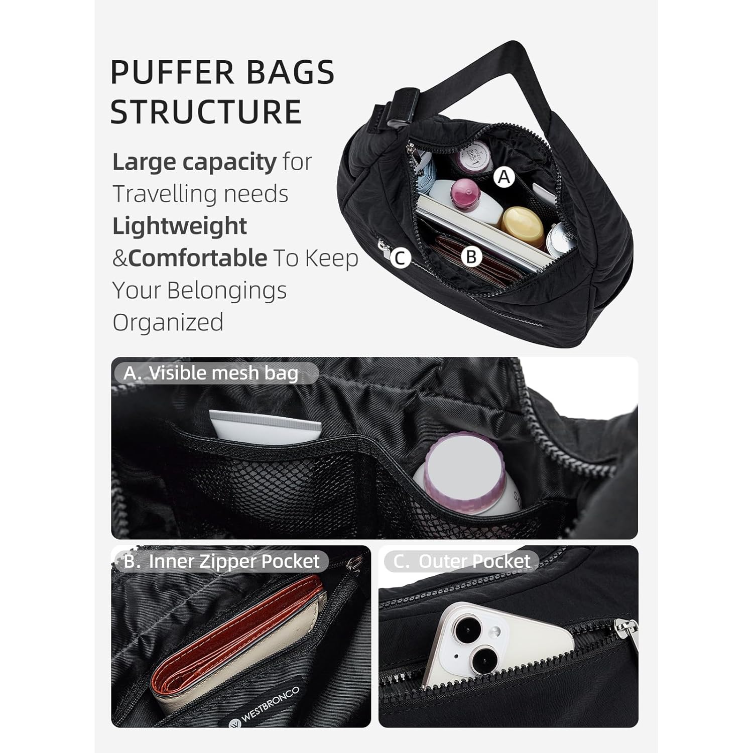 WESTBRONCO Small Puffer Crescent axelväska for Women, Nylon - Image 3