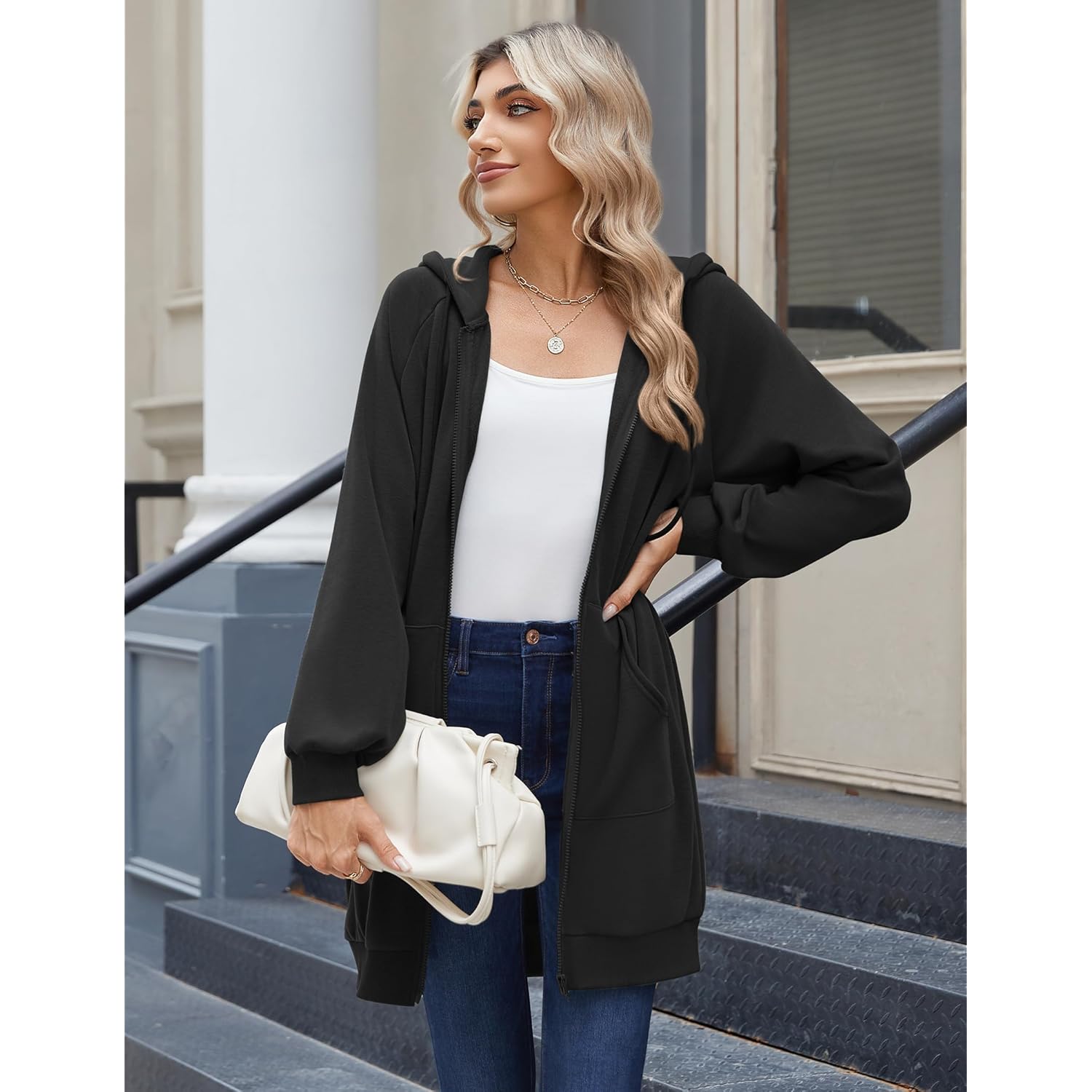 Zeagoo Dam dragkedja hoodie Long Sleeve Long Tunic - Image 3