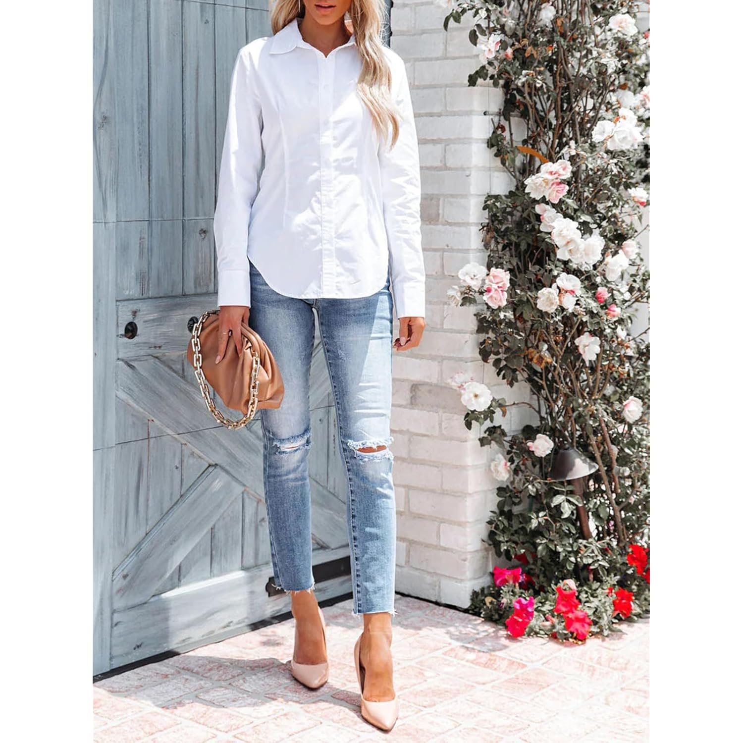 Siliteelon Dam knäppning skjorta långärmad Dress skjorta Wrinkle - Image 4