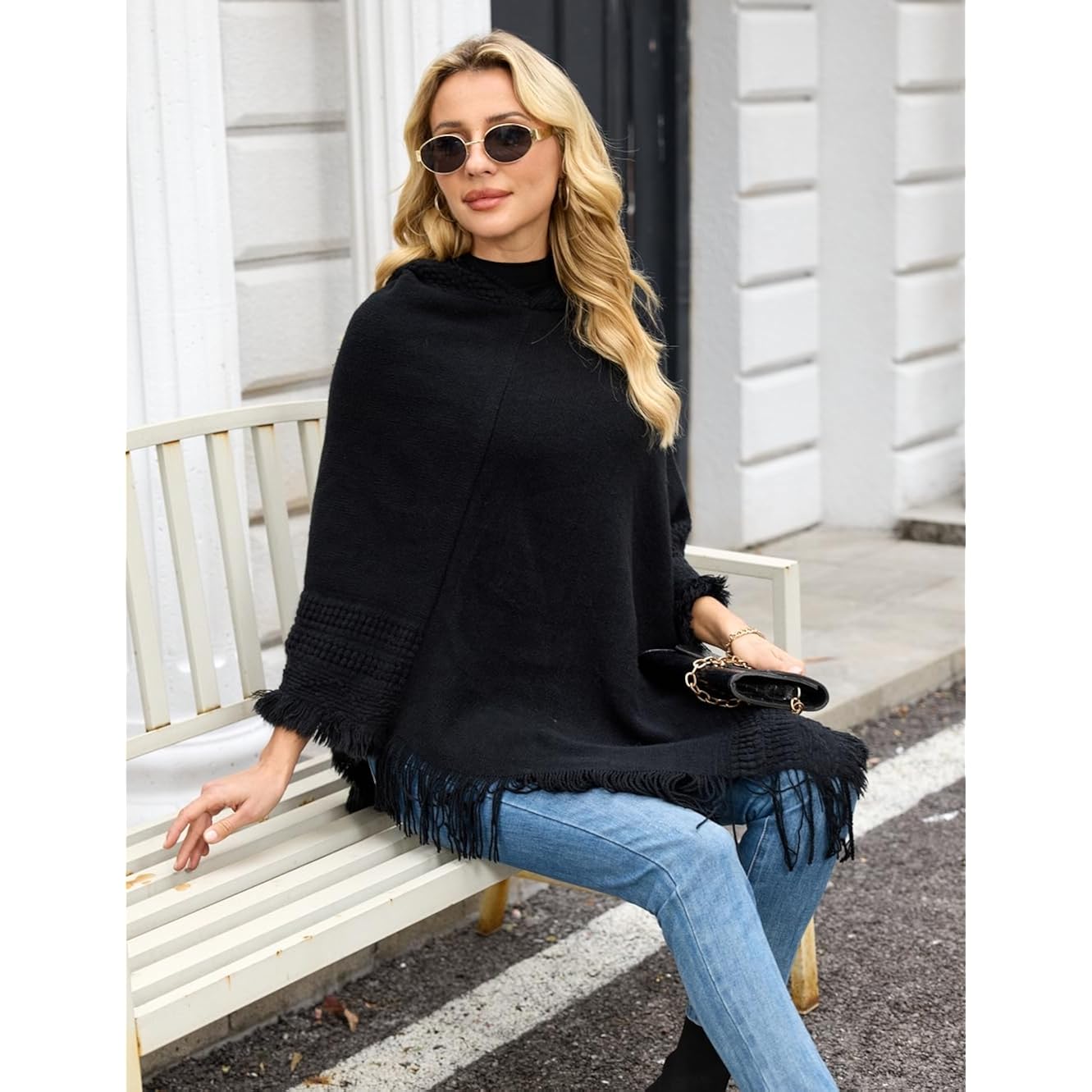 Ferand Ladies' huva Cape with Fringed Hem, Crochet - Image 3