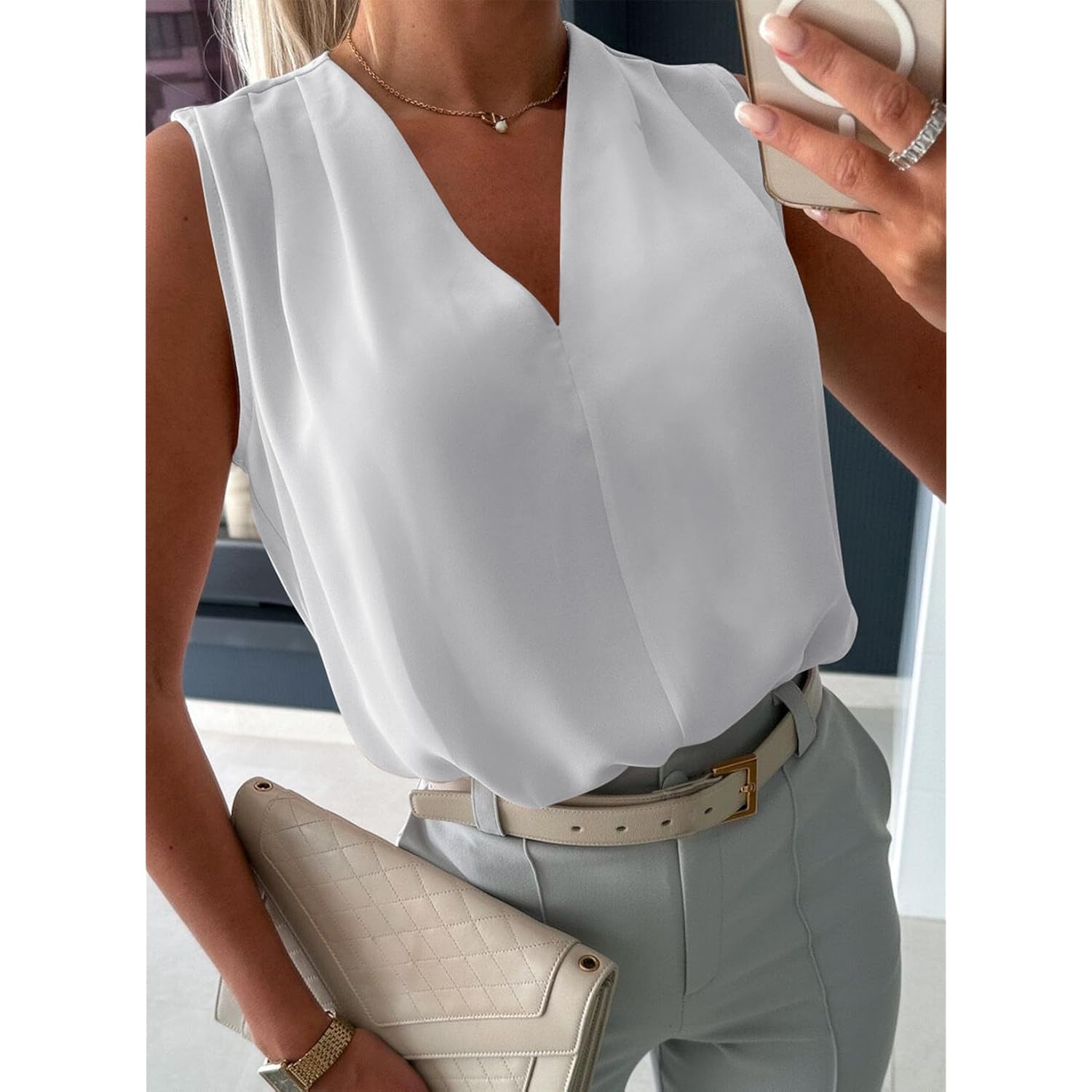 EVALESS Dam Pleated linne topp v‑ringning Casual ärmlös - Image 2