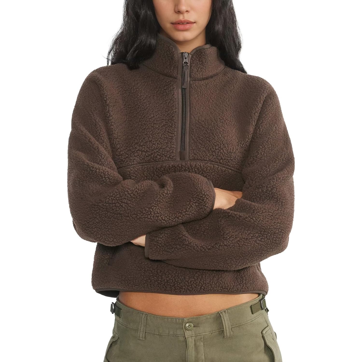 Dam fleece sweatshirt cropped halv dragkedja Fuzzy Warm
