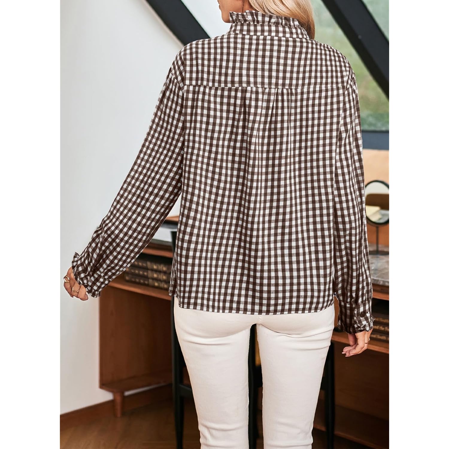 Astylish Dam Plaid Ruffle v‑ringning knäppning blus Casual - Image 3