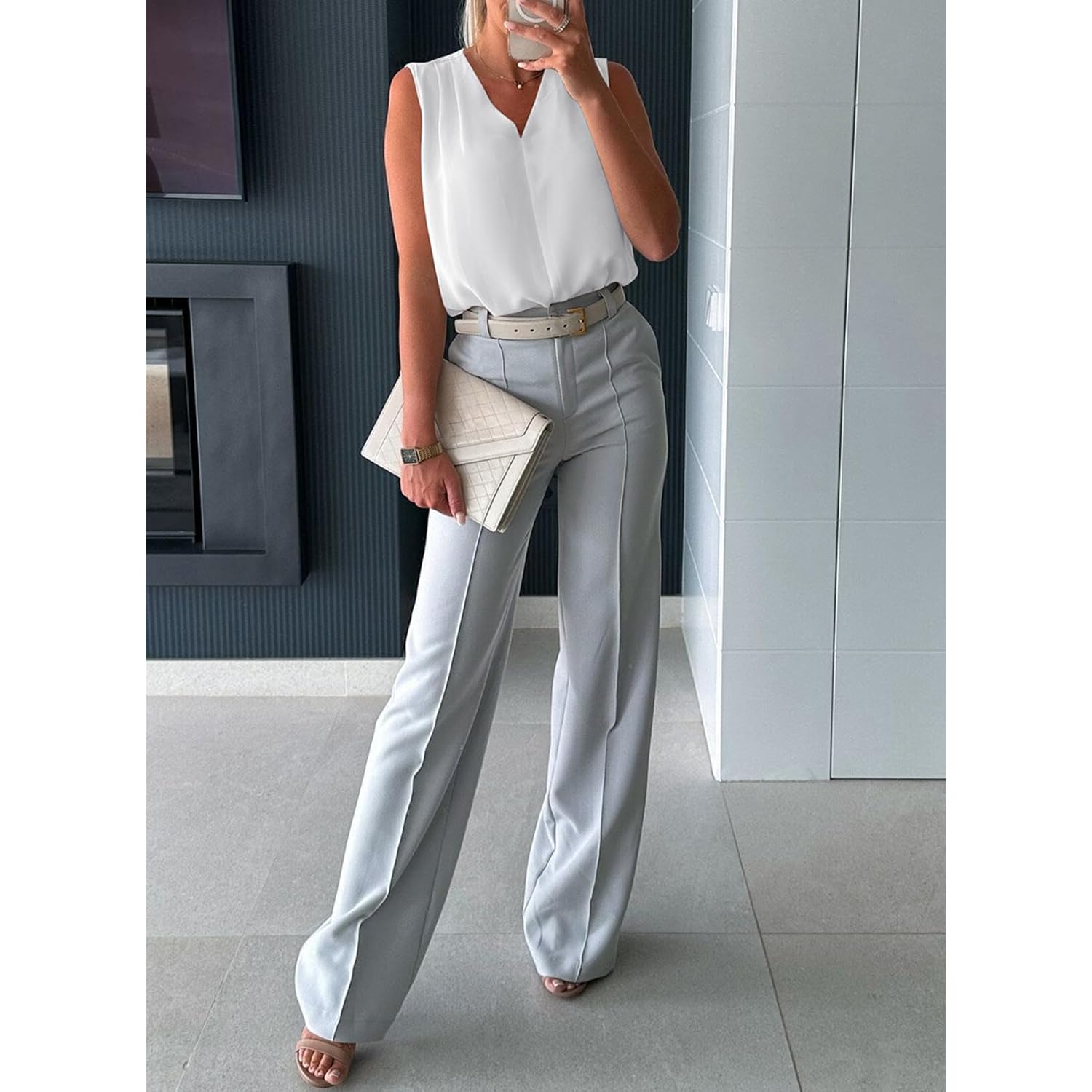 EVALESS Dam Pleated linne topp v‑ringning Casual ärmlös - Image 5