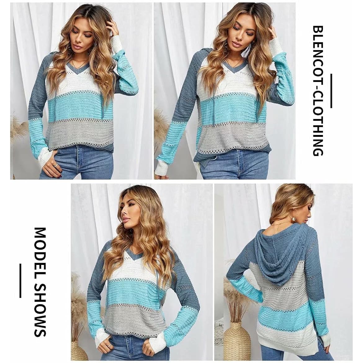 BLENCOT Dam Color Block huva Crochet Striped Sweaters - Image 3