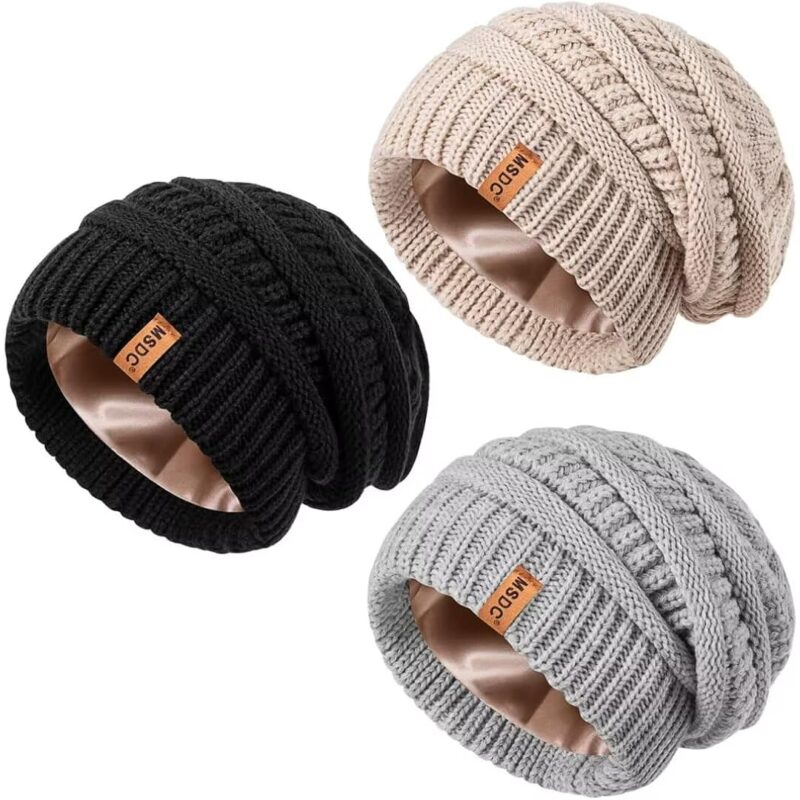 3 Pack Satin Lined beanie for Women, Warm