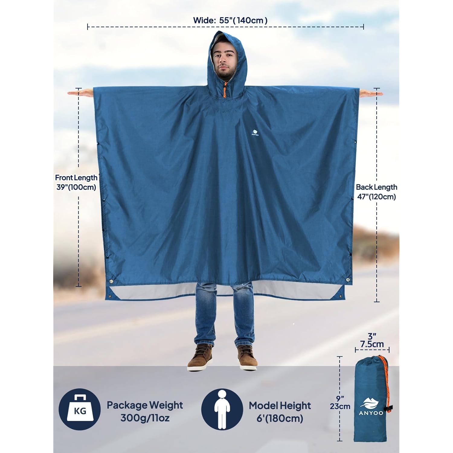 ANYOO Hooded Rain Poncho for Adults Waterproof lättvikts - Image 2