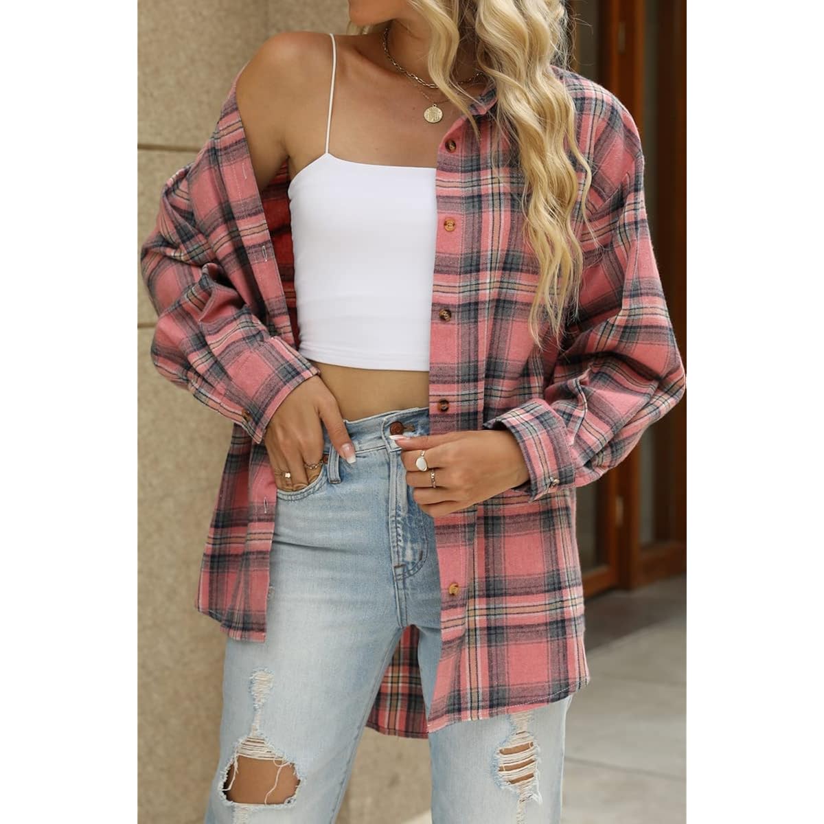 CHYRII Dam knäppning Flannel skjorta långärmad Plaid Shackets - Image 4