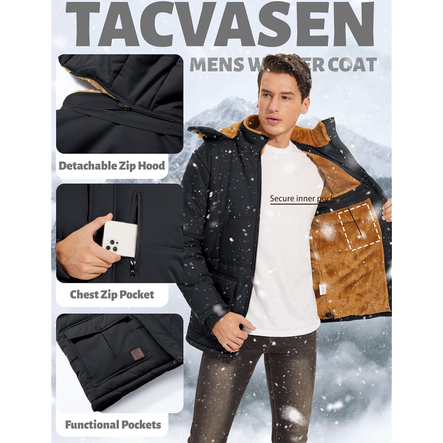 TACVASEN Herr Winter jacka with Hood Water Repellent - Image 5