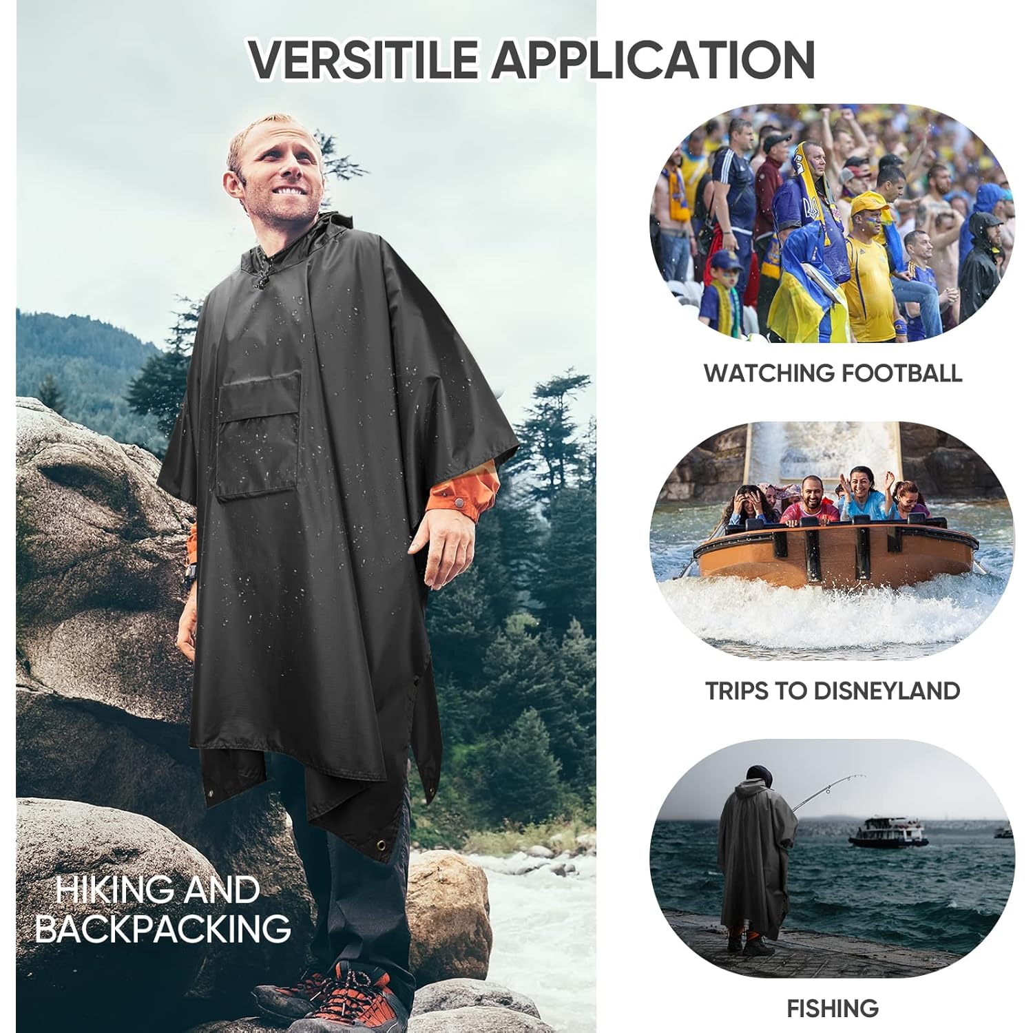 PTEROMY Hooded Rain Poncho for Adult with Pocket, - Image 5