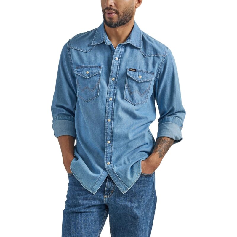 Wrangler Herr Iconic denim regular fit Snap skjorta