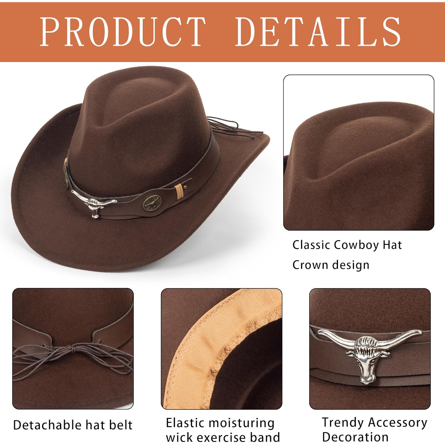 Western Cowboy hatt for Women Men, Rolled-Up Felt - Image 5