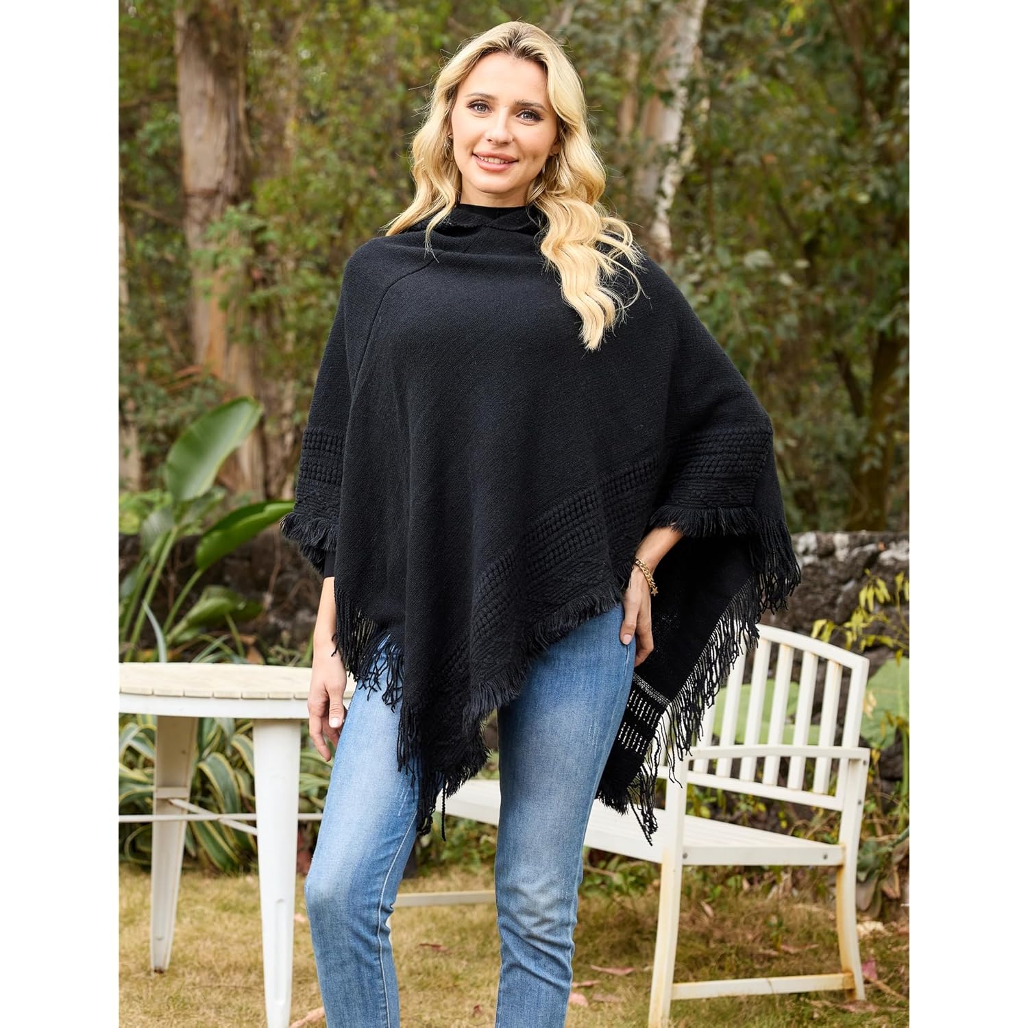 Ferand Ladies' huva Cape with Fringed Hem, Crochet - Image 4