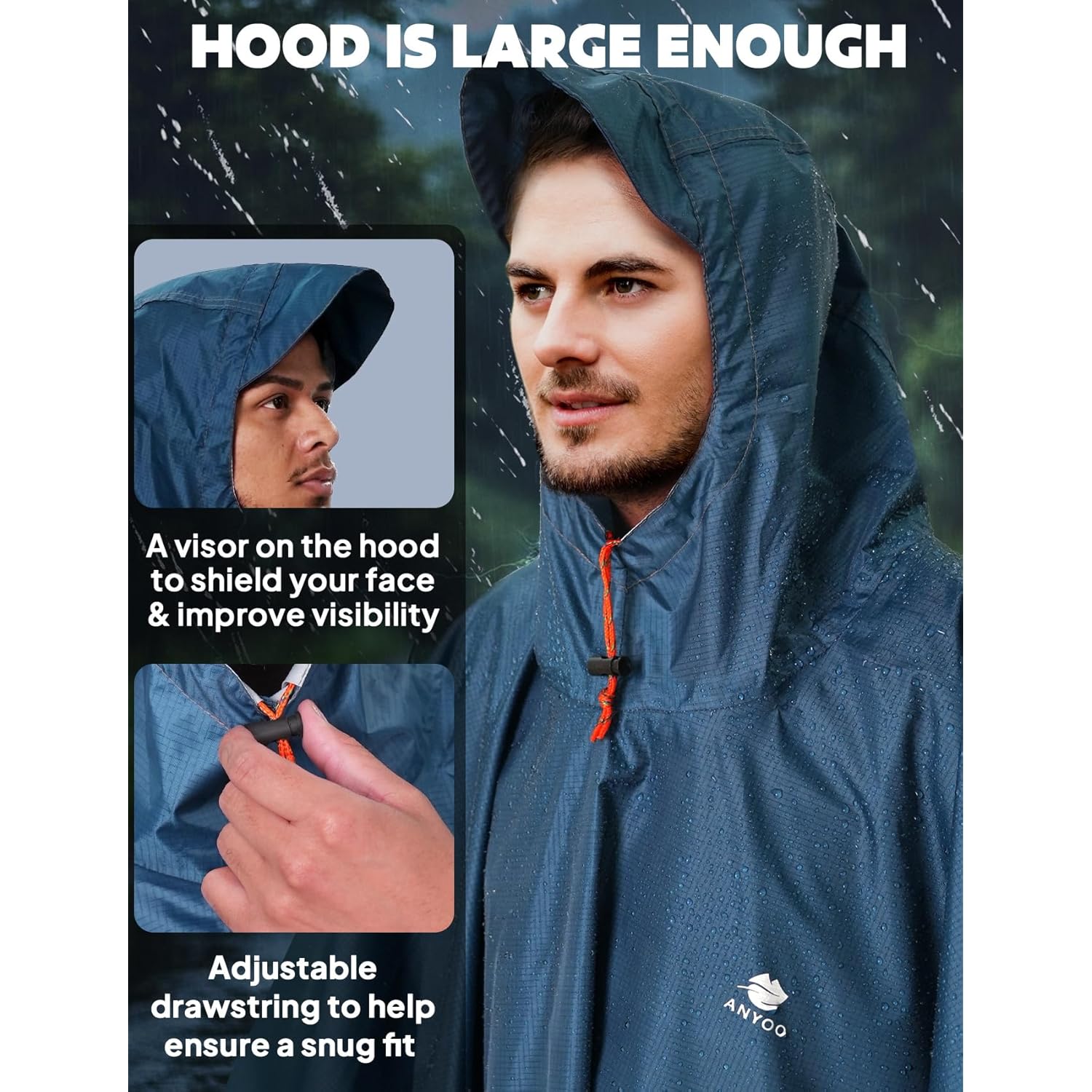 ANYOO Hooded Rain Poncho for Adults Waterproof lättvikts - Image 4