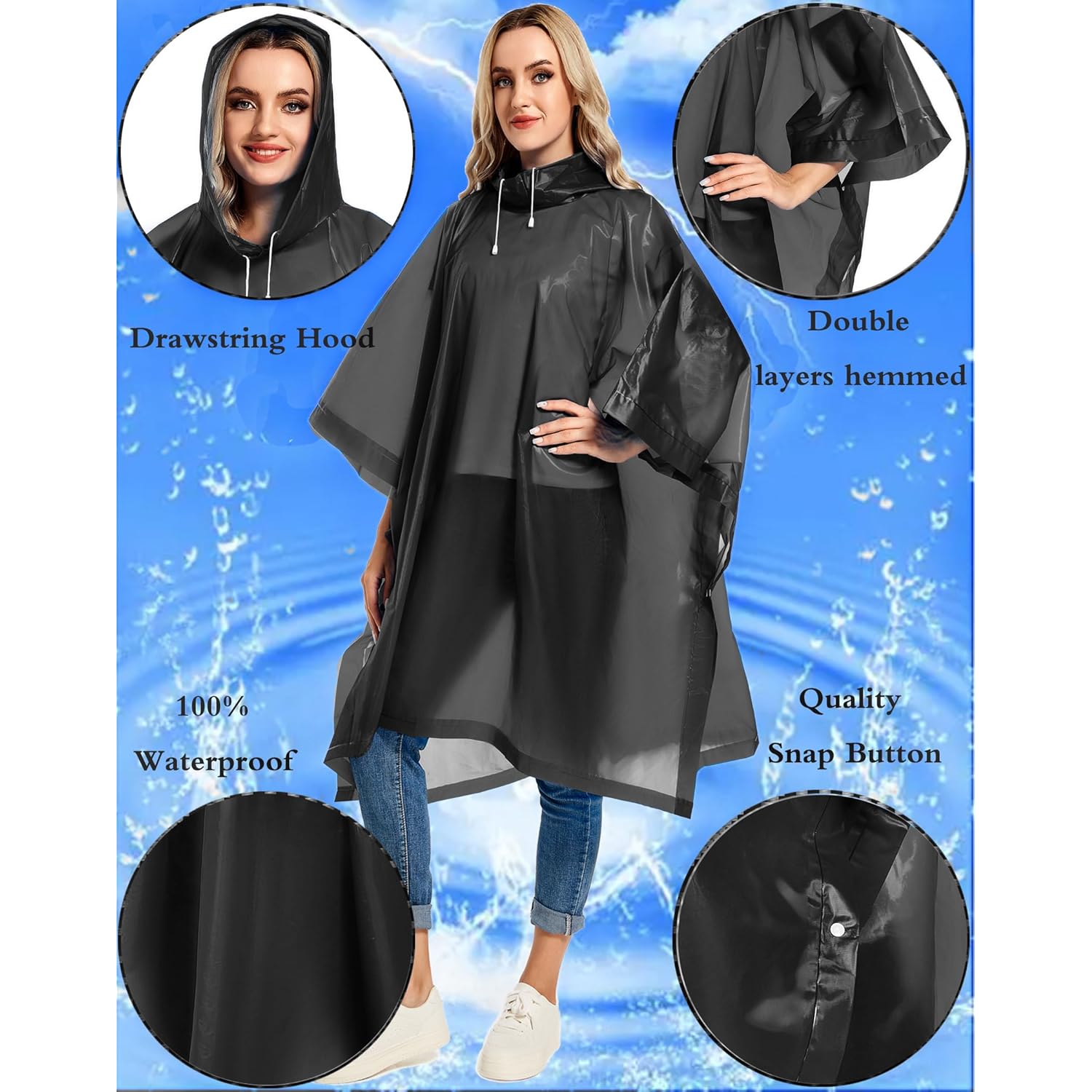 2 Pack Rain Ponchos for Adults Reusable - - Image 3