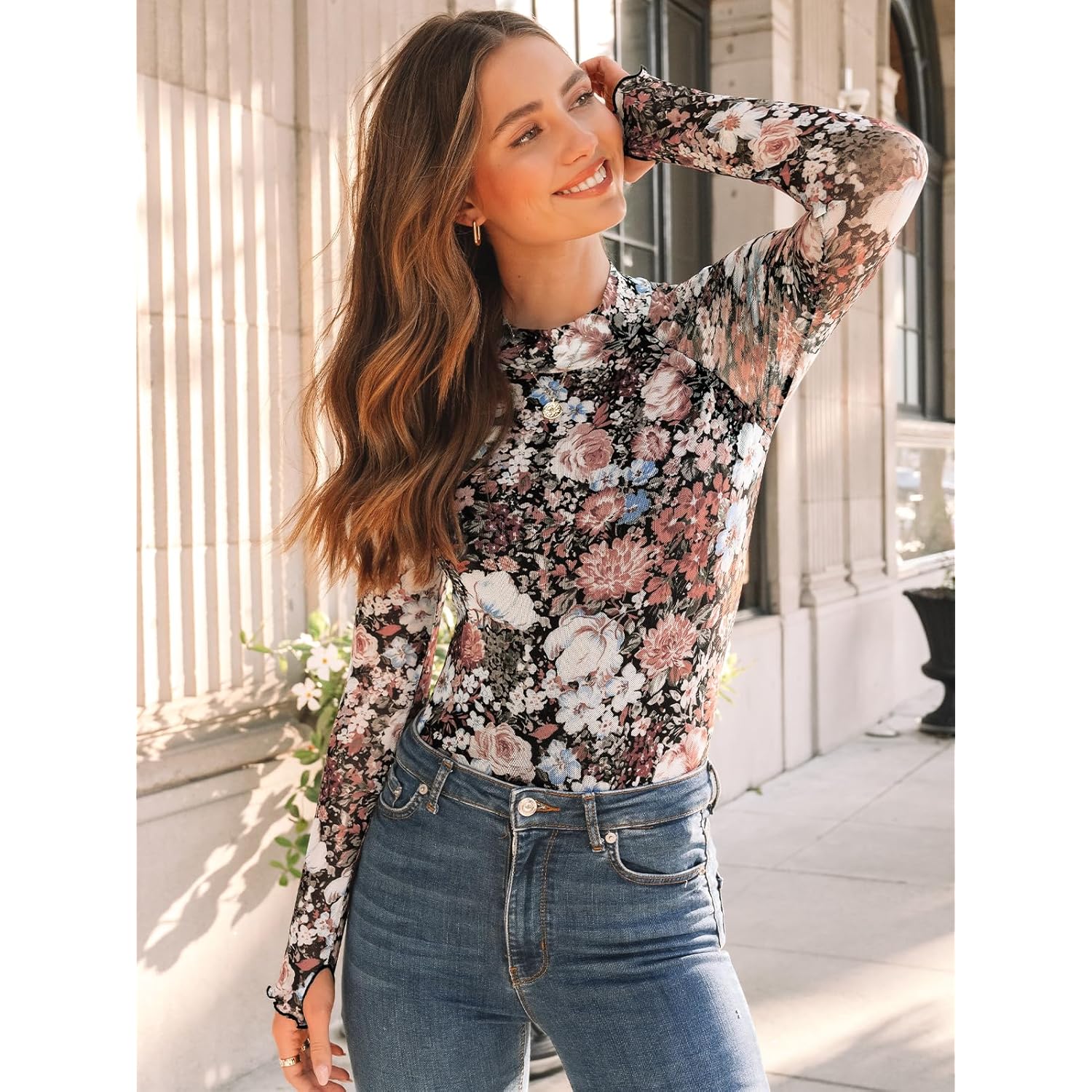 Dealmore spets Sheer långärmad Floral Mesh Mockneck Trendy - Image 5