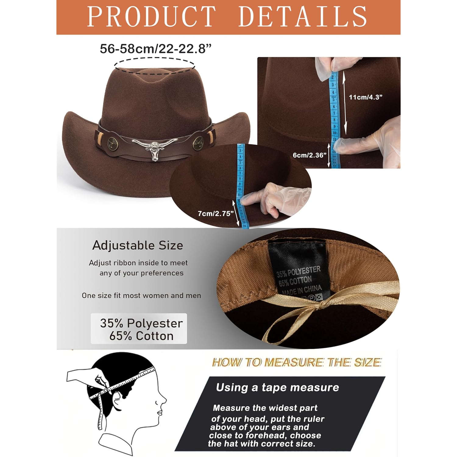 Western Cowboy hatt for Women Men, Rolled-Up Felt - Image 4